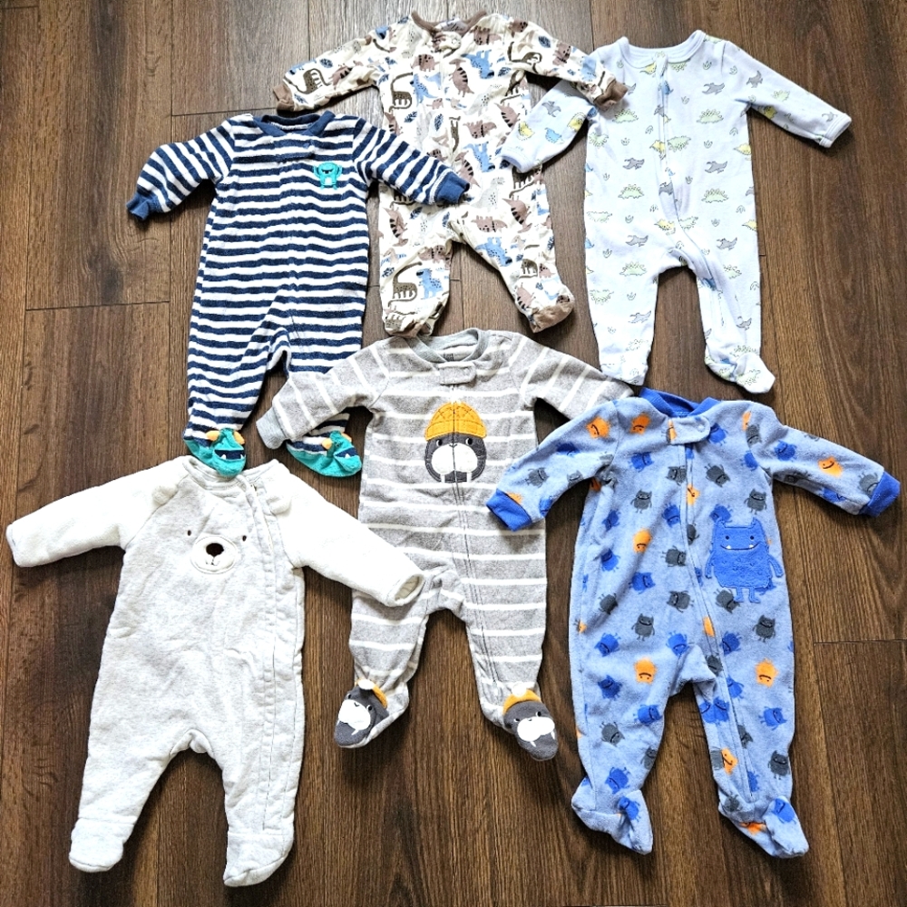 Baby footie pajamas bundle, 3 months, fleece and cotton footie pajamas set of 6
